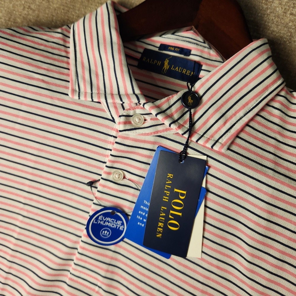 Polo Ralph Lauren Men Pro Fit Performance Striped Polo White Navy Pink XL